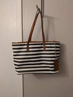 Striped Black & White Tote Bag with Brown Trim